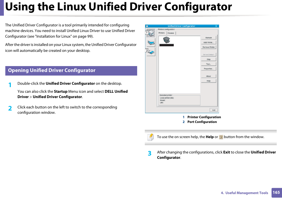 Using the linux unified driver configurator, Opening unified driver configurator | Dell B1163/W Multifunction Mono Laser Printer User Manual | Page 165 / 204