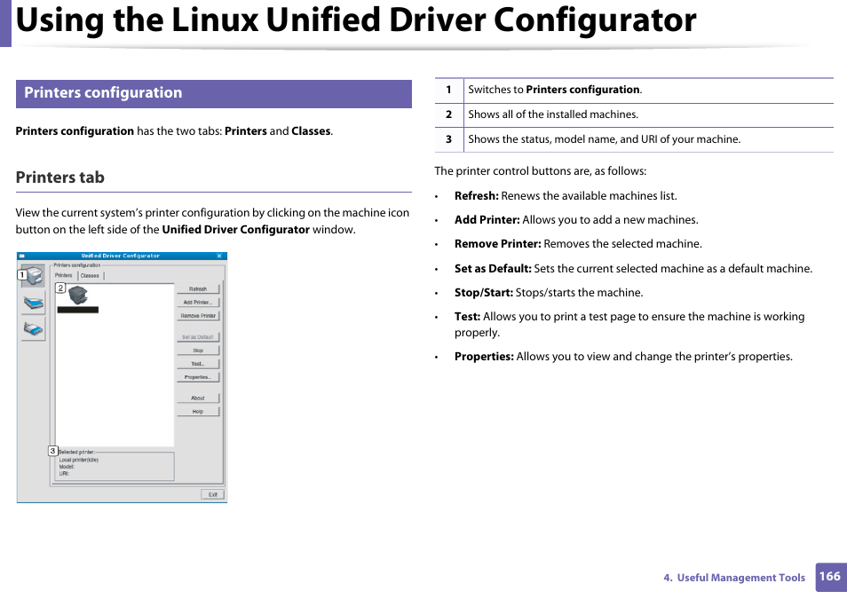 Using the linux unified driver configurator, Printers tab, Printers configuration | Dell B1163/W Multifunction Mono Laser Printer User Manual | Page 166 / 204