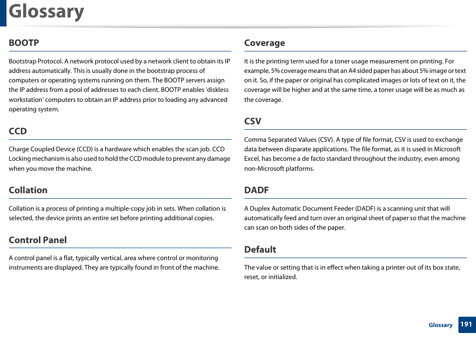 Glossary, Bootp, Collation | Control panel, Coverage, Dadf, Default | Dell B1163/W Multifunction Mono Laser Printer User Manual | Page 191 / 204