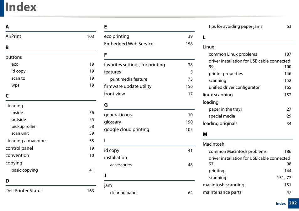 Index | Dell B1163/W Multifunction Mono Laser Printer User Manual | Page 202 / 204