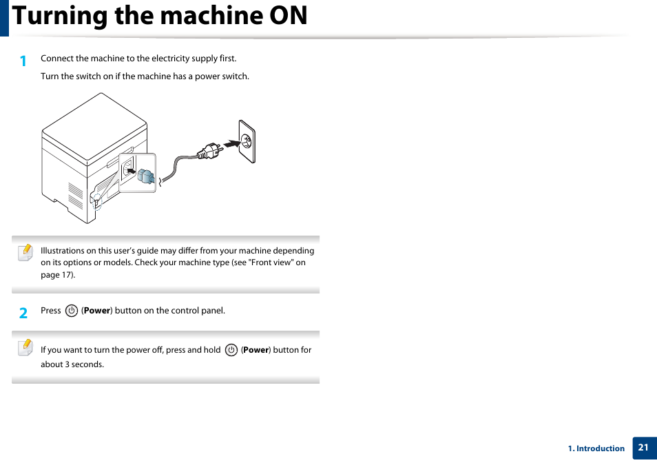 Turning the machine on | Dell B1163/W Multifunction Mono Laser Printer User Manual | Page 21 / 204