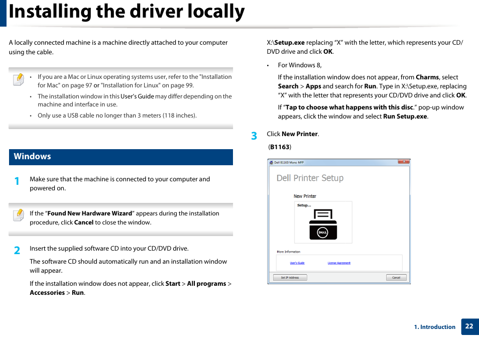 Installing the driver locally, Windows | Dell B1163/W Multifunction Mono Laser Printer User Manual | Page 22 / 204