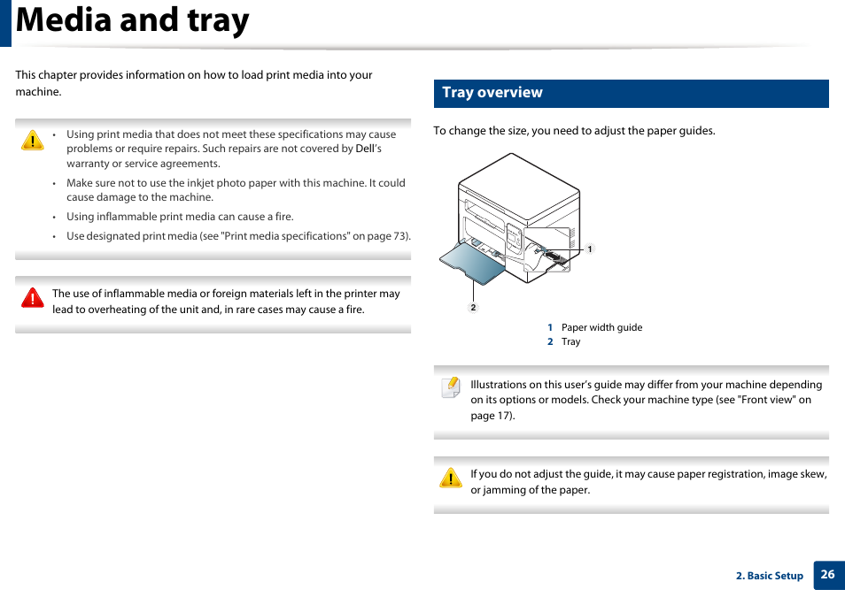 Media and tray, Tray overview | Dell B1163/W Multifunction Mono Laser Printer User Manual | Page 26 / 204