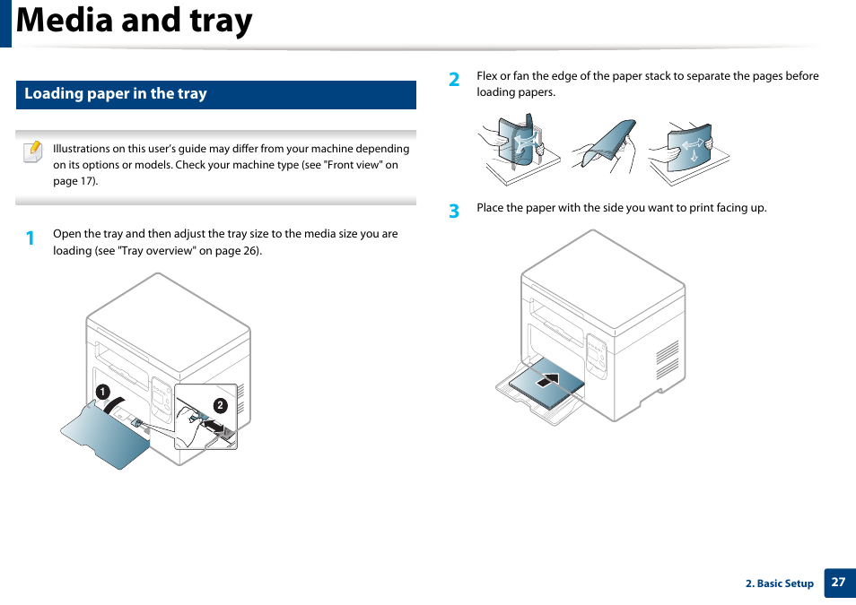 Media and tray, Loading paper in the tray | Dell B1163/W Multifunction Mono Laser Printer User Manual | Page 27 / 204