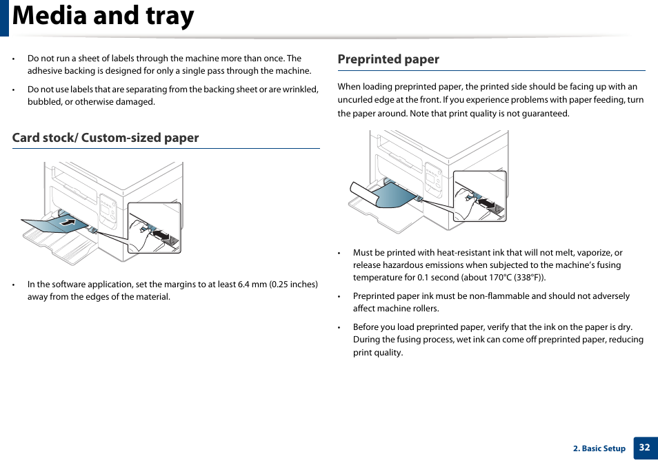 Media and tray, Card stock/ custom-sized paper, Preprinted paper | Dell B1163/W Multifunction Mono Laser Printer User Manual | Page 32 / 204
