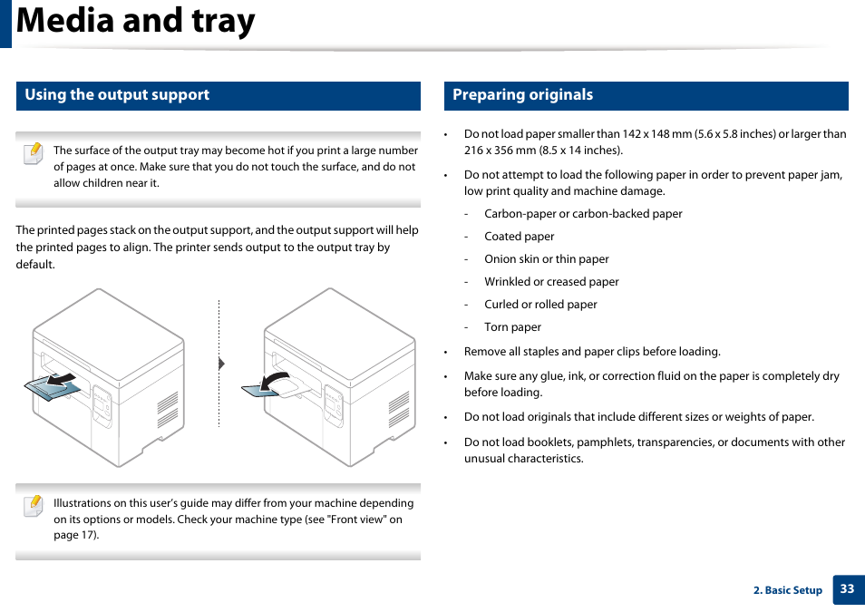 Media and tray, Using the output support, Preparing originals | Dell B1163/W Multifunction Mono Laser Printer User Manual | Page 33 / 204