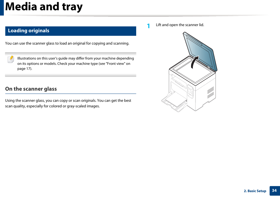 Media and tray, On the scanner glass, Loading originals | Dell B1163/W Multifunction Mono Laser Printer User Manual | Page 34 / 204