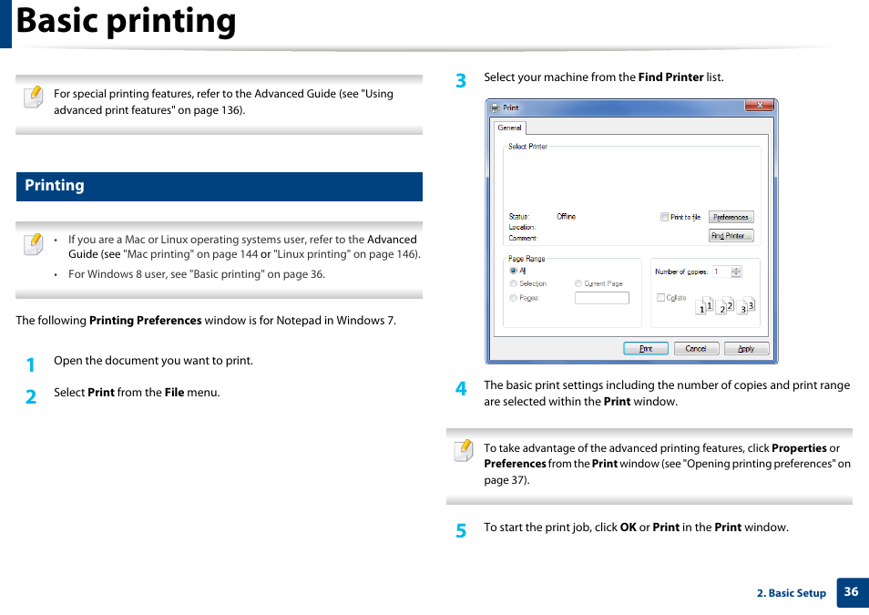 Basic printing, Printing | Dell B1163/W Multifunction Mono Laser Printer User Manual | Page 36 / 204