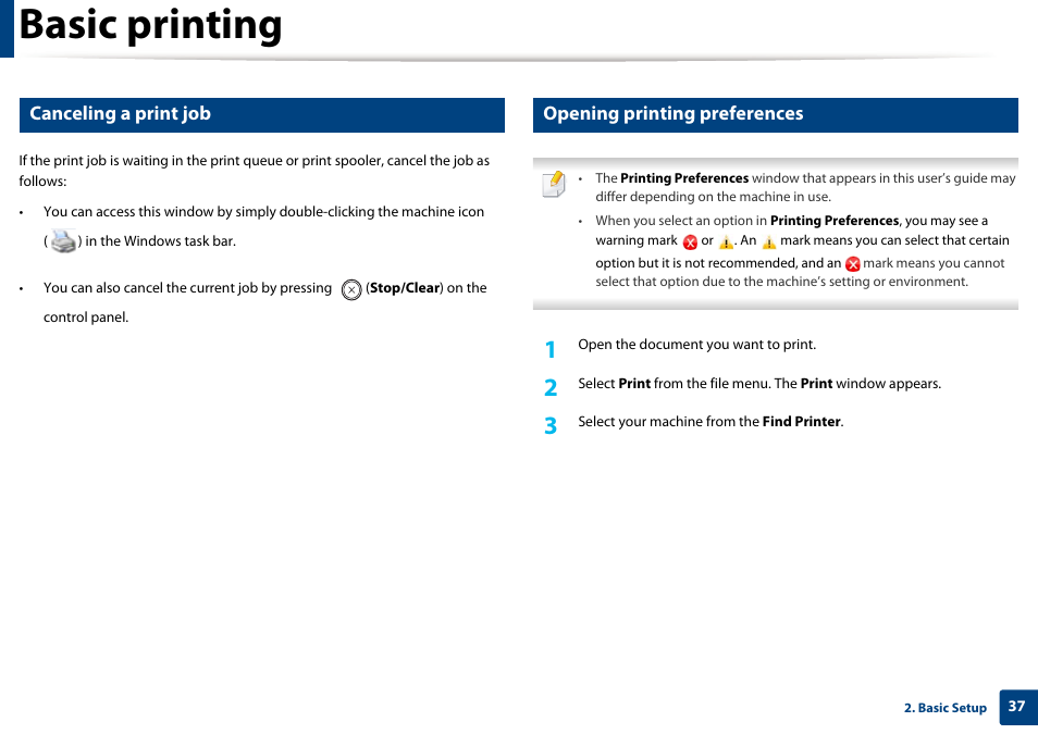Basic printing, Canceling a print job, Opening printing preferences | Dell B1163/W Multifunction Mono Laser Printer User Manual | Page 37 / 204