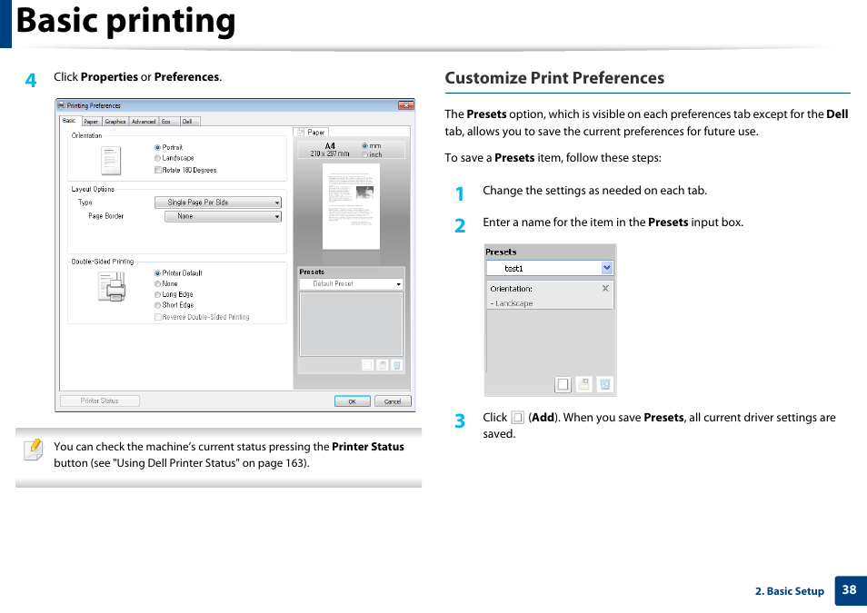 Basic printing, Customize print preferences | Dell B1163/W Multifunction Mono Laser Printer User Manual | Page 38 / 204