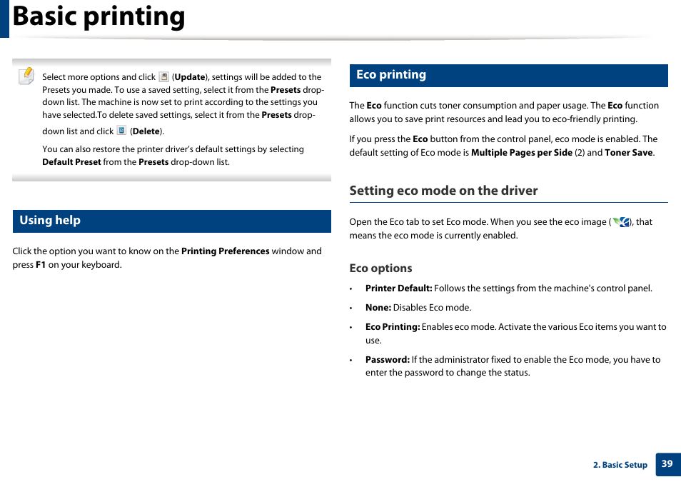 Basic printing, Setting eco mode on the driver, Using help | Eco printing | Dell B1163/W Multifunction Mono Laser Printer User Manual | Page 39 / 204