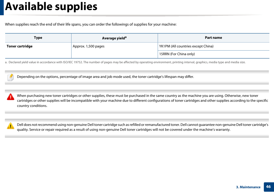 Available supplies | Dell B1163/W Multifunction Mono Laser Printer User Manual | Page 46 / 204