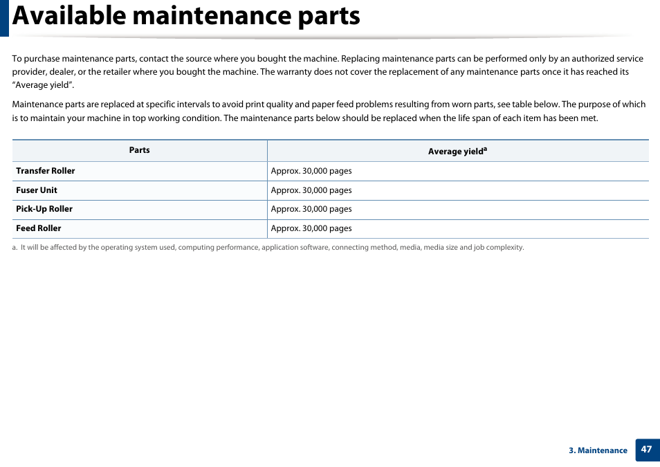 Available maintenance parts | Dell B1163/W Multifunction Mono Laser Printer User Manual | Page 47 / 204