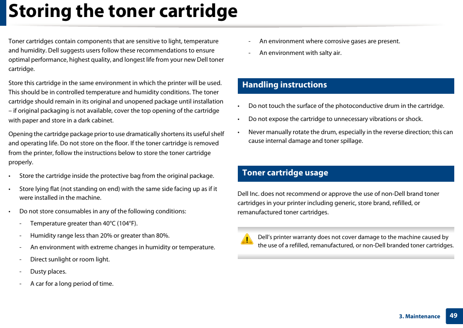 Storing the toner cartridge, Handling instructions, Toner cartridge usage | Dell B1163/W Multifunction Mono Laser Printer User Manual | Page 49 / 204