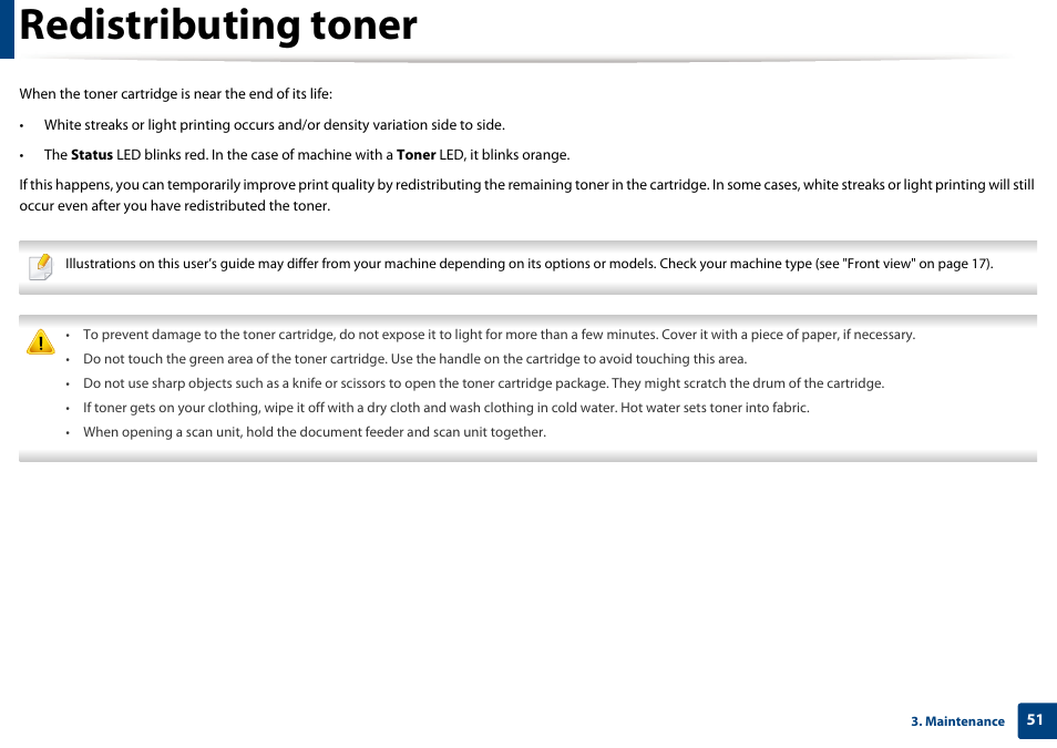 Redistributing toner | Dell B1163/W Multifunction Mono Laser Printer User Manual | Page 51 / 204