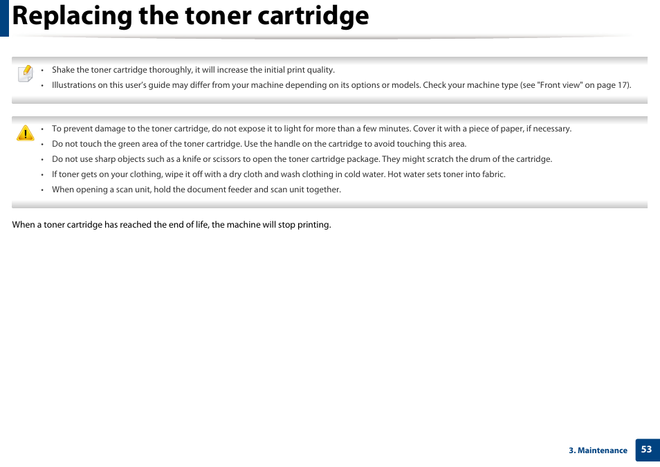 Replacing the toner cartridge | Dell B1163/W Multifunction Mono Laser Printer User Manual | Page 53 / 204