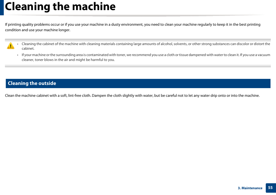 Cleaning the machine, Cleaning the outside | Dell B1163/W Multifunction Mono Laser Printer User Manual | Page 55 / 204