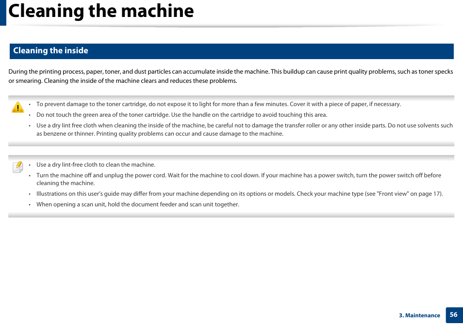 Cleaning the machine, Cleaning the inside | Dell B1163/W Multifunction Mono Laser Printer User Manual | Page 56 / 204