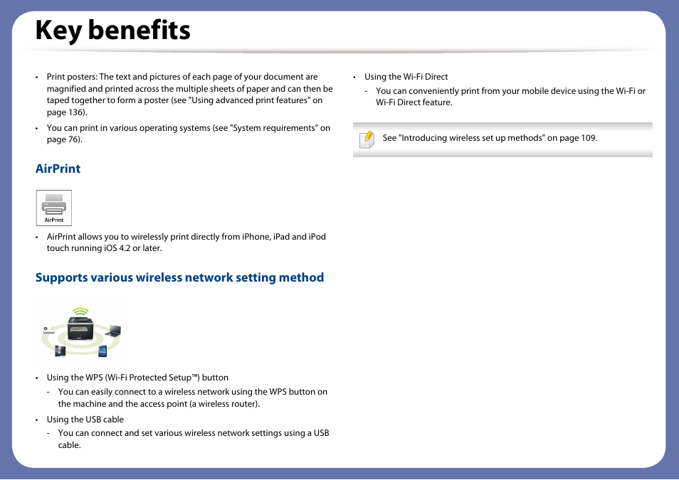 Key benefits, Airprint, Supports various wireless network setting method | Dell B1163/W Multifunction Mono Laser Printer User Manual | Page 6 / 204