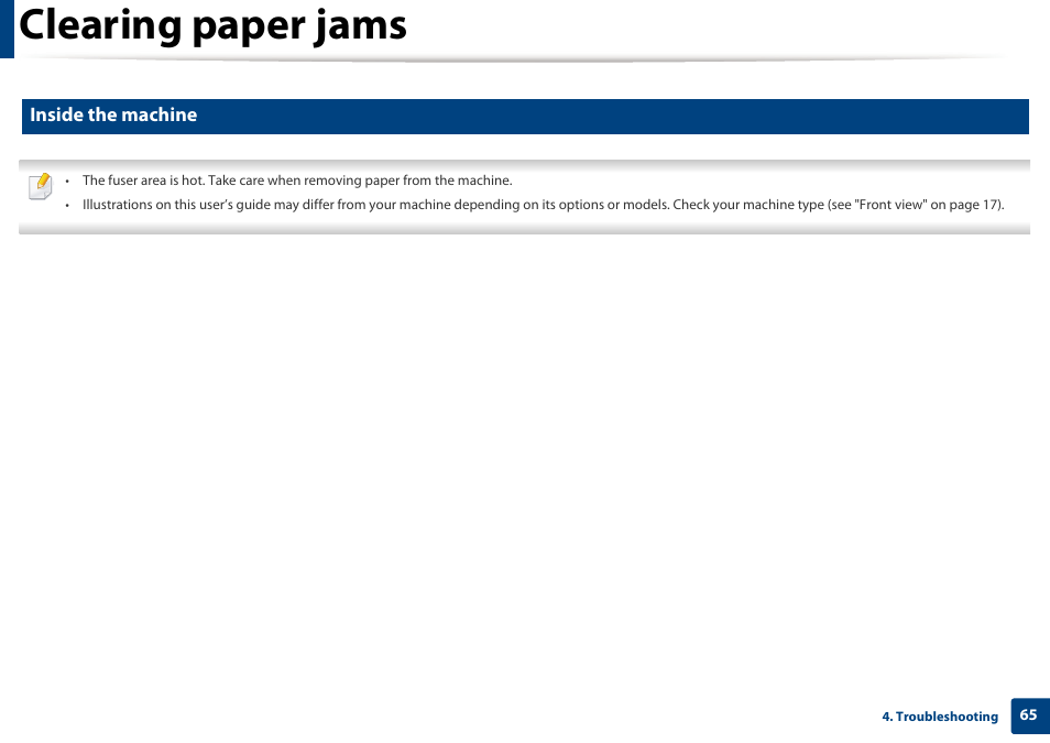 Clearing paper jams, Inside the machine | Dell B1163/W Multifunction Mono Laser Printer User Manual | Page 65 / 204