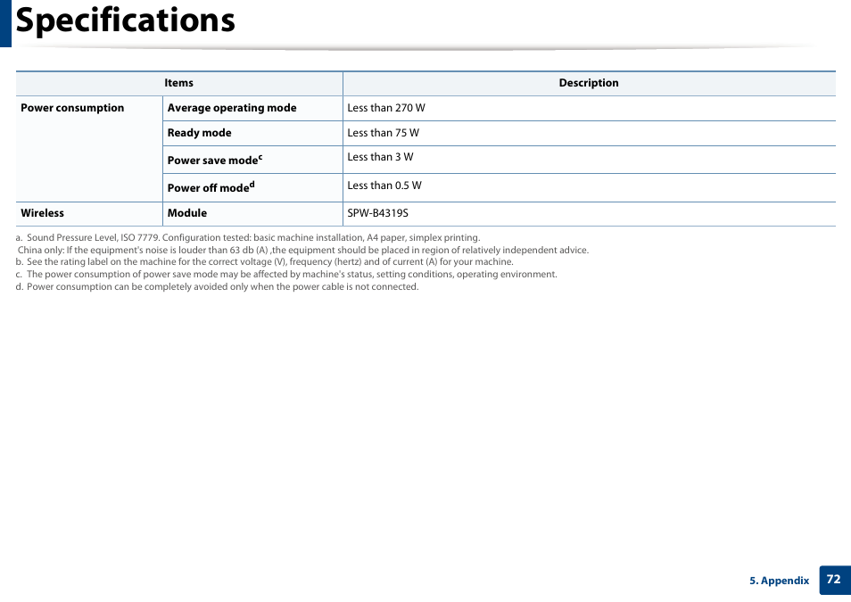 Specifications | Dell B1163/W Multifunction Mono Laser Printer User Manual | Page 72 / 204