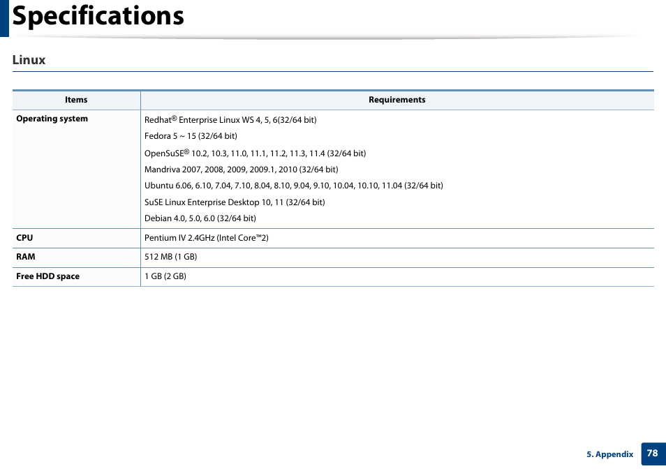 Specifications, Linux | Dell B1163/W Multifunction Mono Laser Printer User Manual | Page 78 / 204