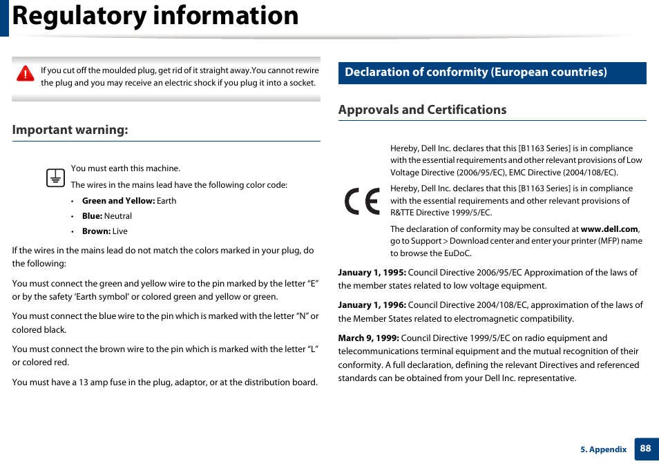 Regulatory information, Important warning, Approvals and certifications | Declaration of conformity (european countries) | Dell B1163/W Multifunction Mono Laser Printer User Manual | Page 88 / 204