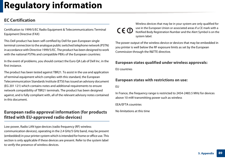 Regulatory information, Ec certification | Dell B1163/W Multifunction Mono Laser Printer User Manual | Page 89 / 204