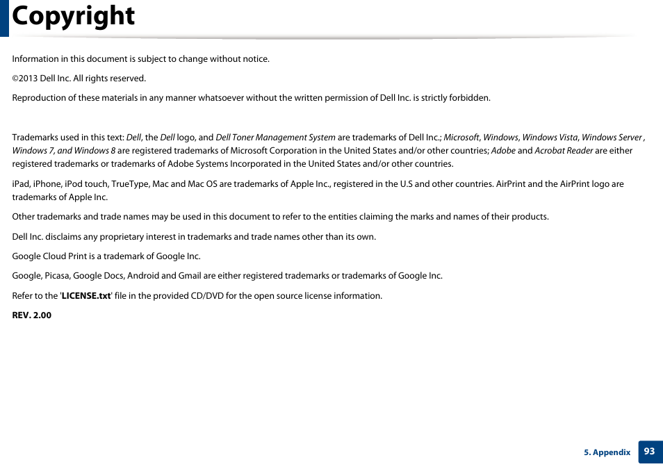 Copyright | Dell B1163/W Multifunction Mono Laser Printer User Manual | Page 93 / 204