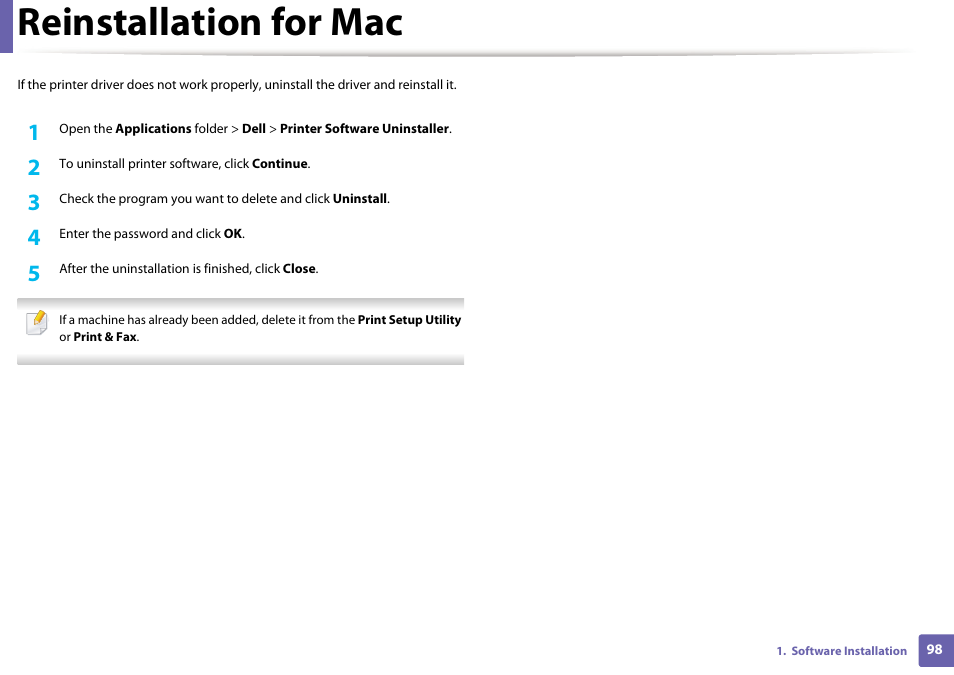 Reinstallation for mac | Dell B1163/W Multifunction Mono Laser Printer User Manual | Page 98 / 204