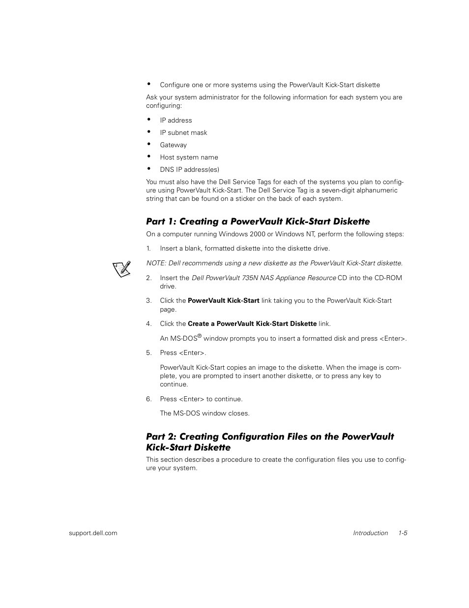 Part 1: creating a powervault kick-start diskette | Dell PowerVault 735N (Rackmount NAS Appliance) User Manual | Page 13 / 92