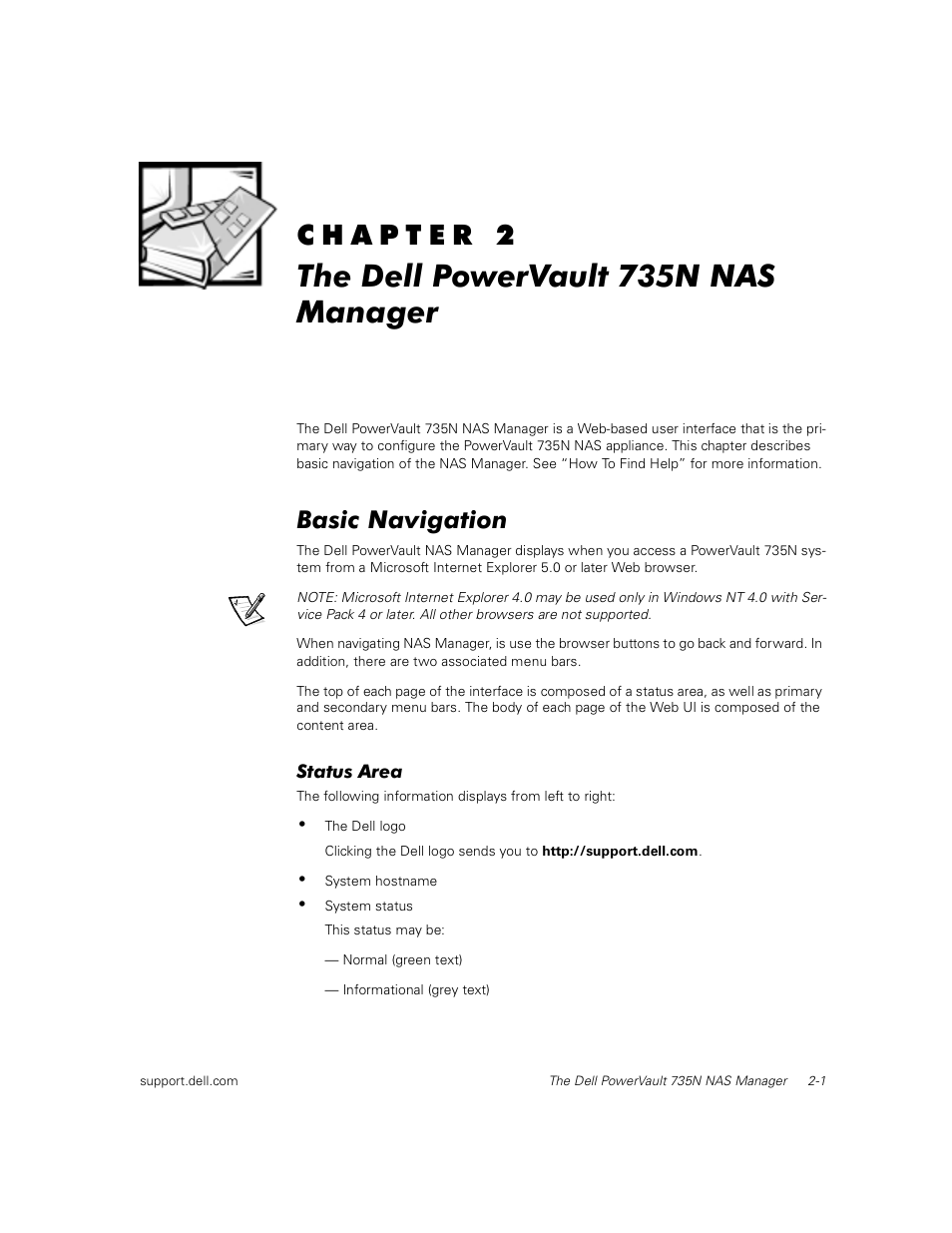 The dell powervault 735n nas manager, Basic navigation, Status area | Dell powervault 735n nas manager, Chapter 2, The dell powervault 735n nas manager -1, Basic navigation -1, Shares -2, How to find help -5 | Dell PowerVault 735N (Rackmount NAS Appliance) User Manual | Page 17 / 92