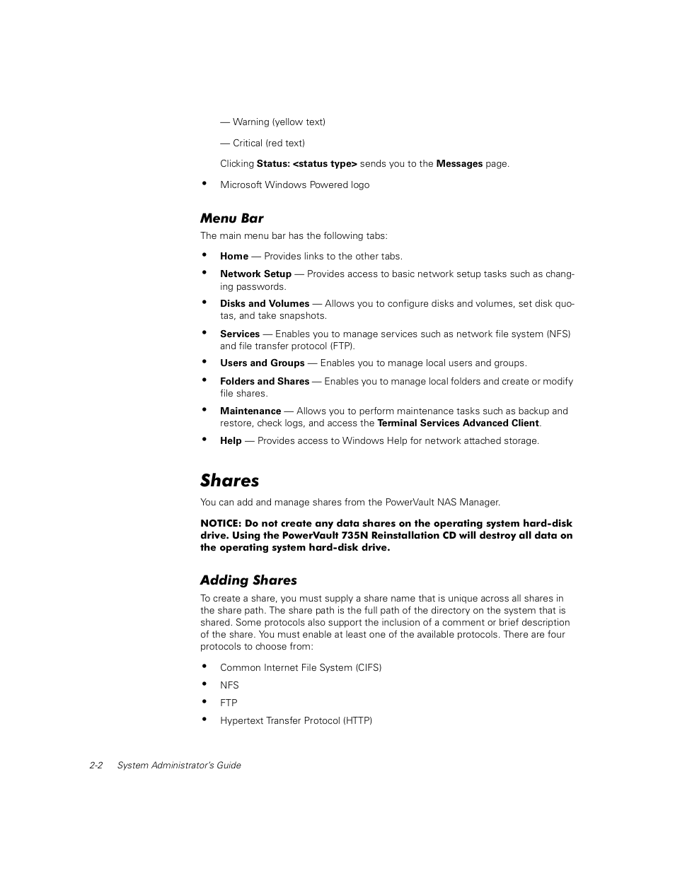 Menu bar, Shares, Adding shares | Dell PowerVault 735N (Rackmount NAS Appliance) User Manual | Page 18 / 92