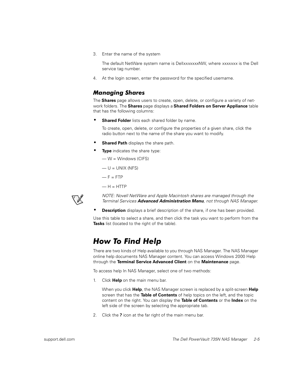 Managing shares, How to find help | Dell PowerVault 735N (Rackmount NAS Appliance) User Manual | Page 21 / 92