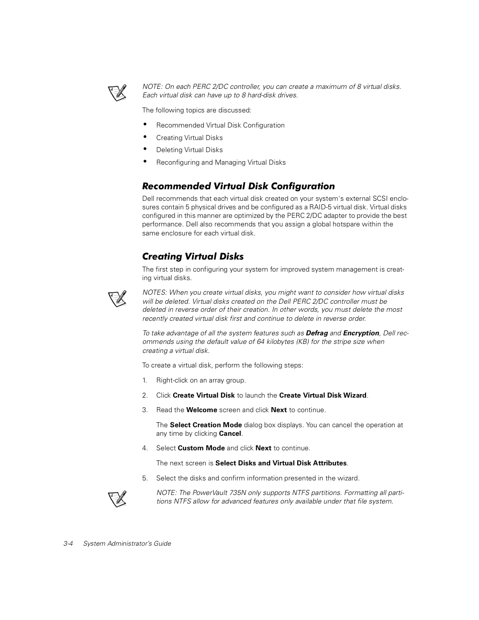 Recommended virtual disk configuration, Creating virtual disks | Dell PowerVault 735N (Rackmount NAS Appliance) User Manual | Page 26 / 92