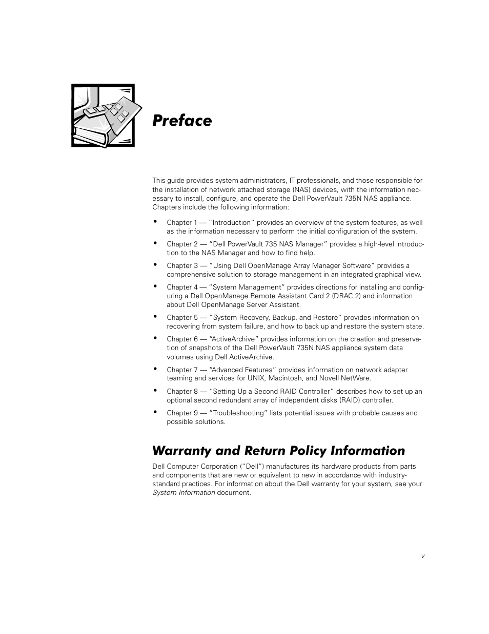 Preface, Warranty and return policy information | Dell PowerVault 735N (Rackmount NAS Appliance) User Manual | Page 3 / 92