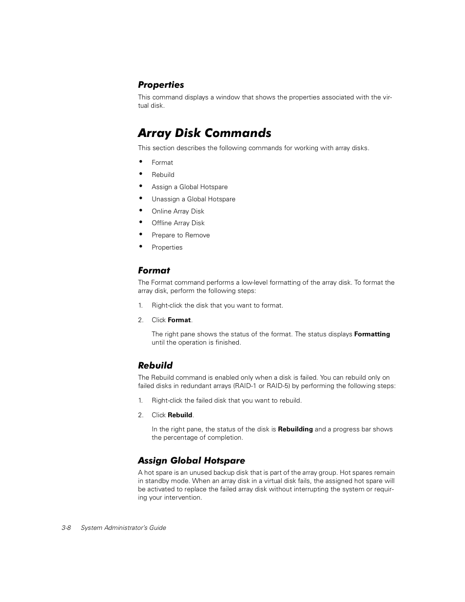 Properties, Array disk commands, Format | Rebuild, Assign global hotspare | Dell PowerVault 735N (Rackmount NAS Appliance) User Manual | Page 30 / 92