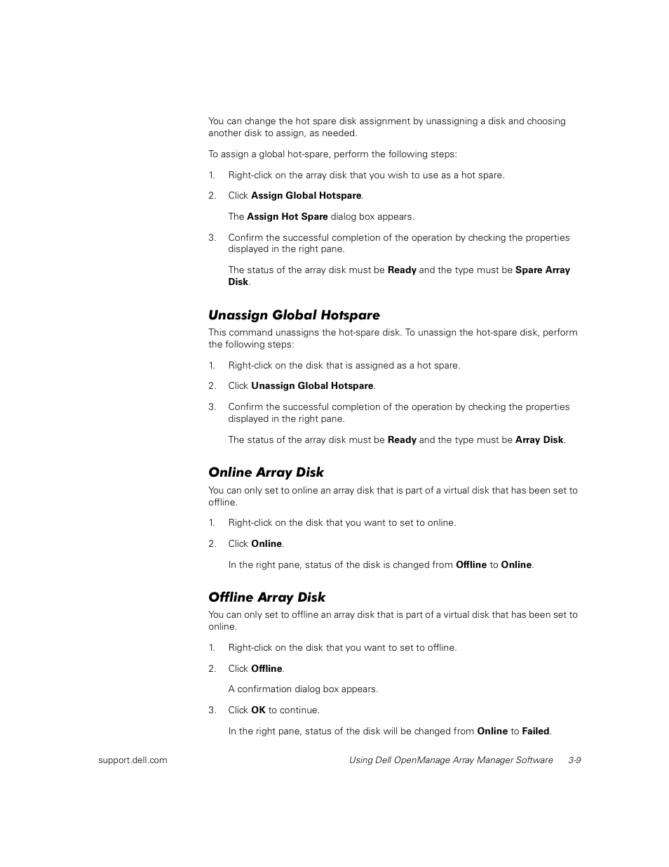 Unassign global hotspare, Online array disk, Offline array disk | Dell PowerVault 735N (Rackmount NAS Appliance) User Manual | Page 31 / 92