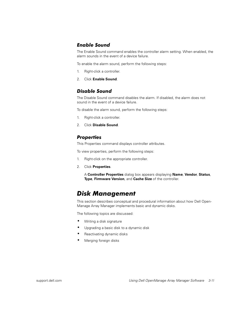Enable sound, Disable sound, Properties | Disk management | Dell PowerVault 735N (Rackmount NAS Appliance) User Manual | Page 33 / 92