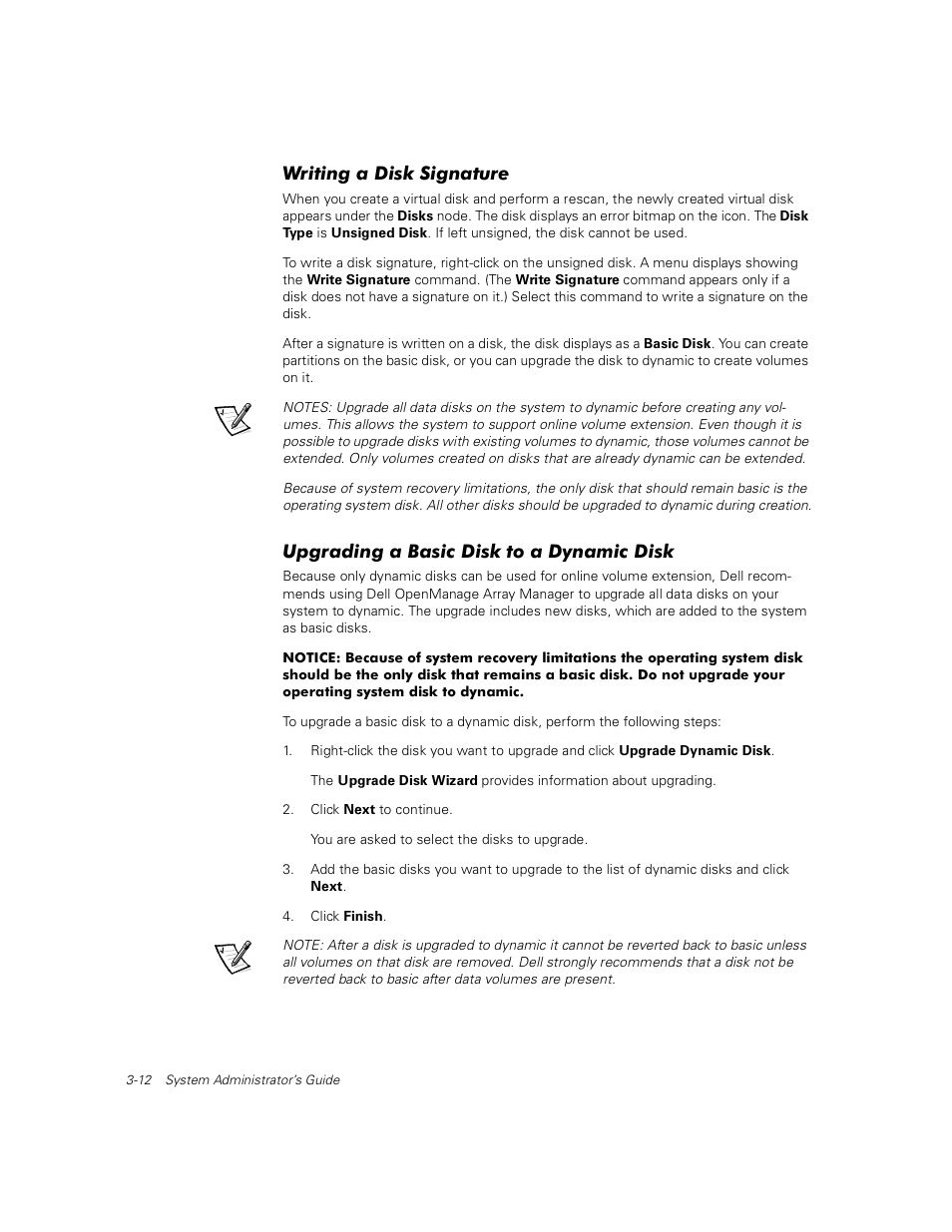 Writing a disk signature, Upgrading a basic disk to a dynamic disk | Dell PowerVault 735N (Rackmount NAS Appliance) User Manual | Page 34 / 92