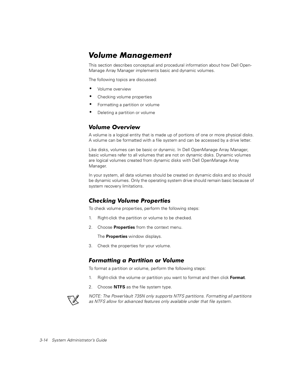 Volume management, Volume overview, Checking volume properties | Formatting a partition or volume | Dell PowerVault 735N (Rackmount NAS Appliance) User Manual | Page 36 / 92