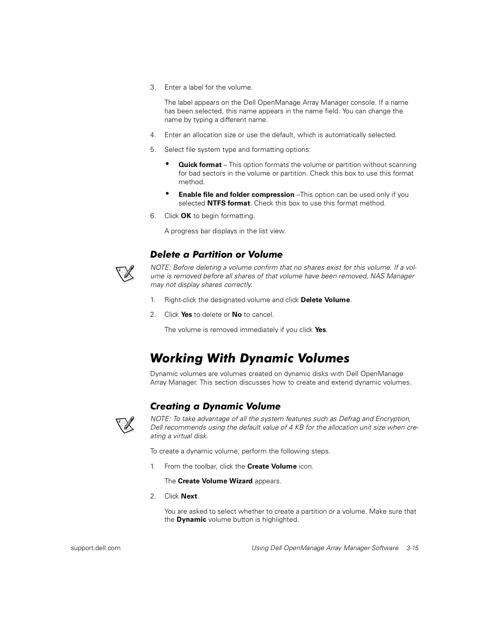 Delete a partition or volume, Working with dynamic volumes, Creating a dynamic volume | Dell PowerVault 735N (Rackmount NAS Appliance) User Manual | Page 37 / 92