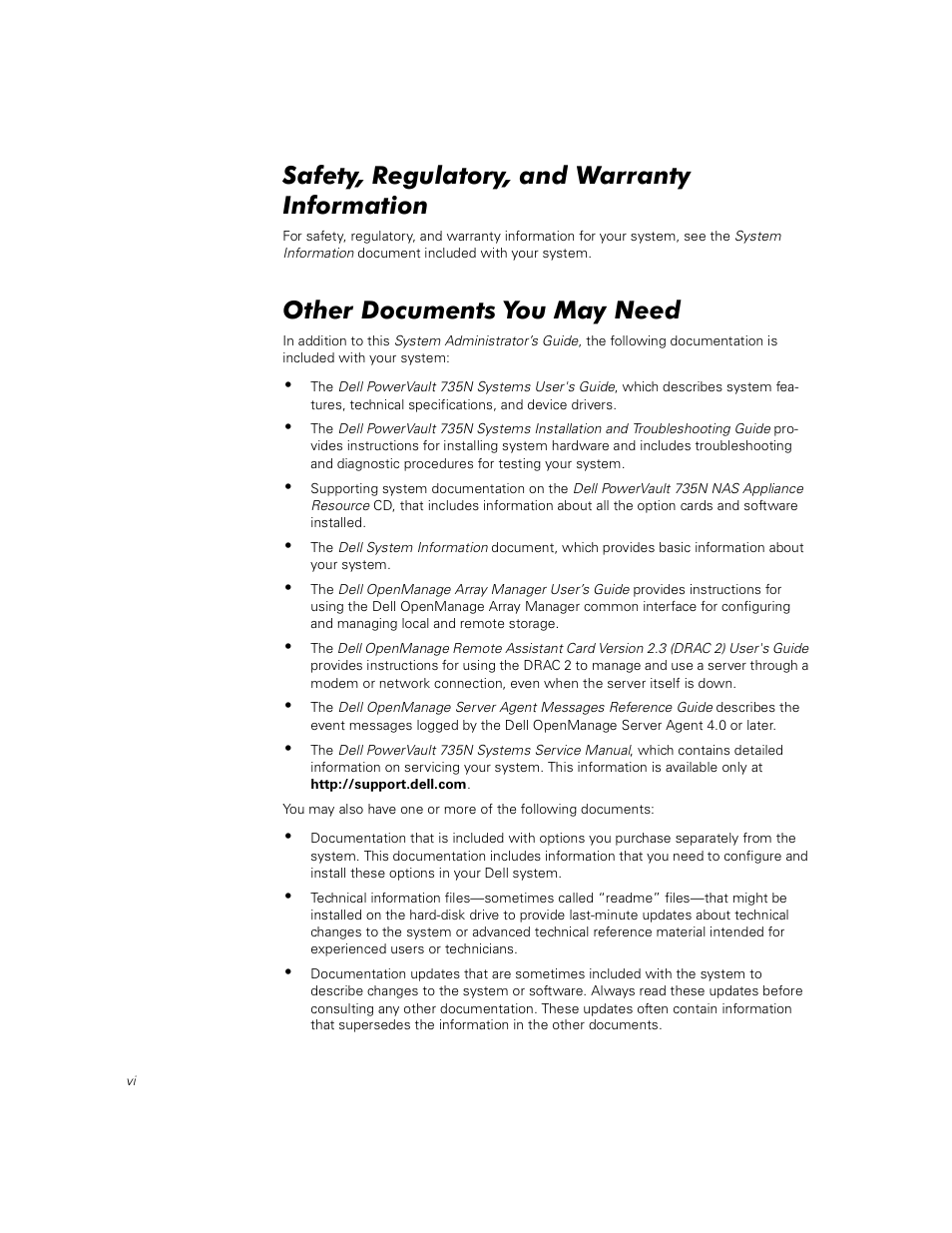 Safety, regulatory, and warranty information, Other documents you may need | Dell PowerVault 735N (Rackmount NAS Appliance) User Manual | Page 4 / 92