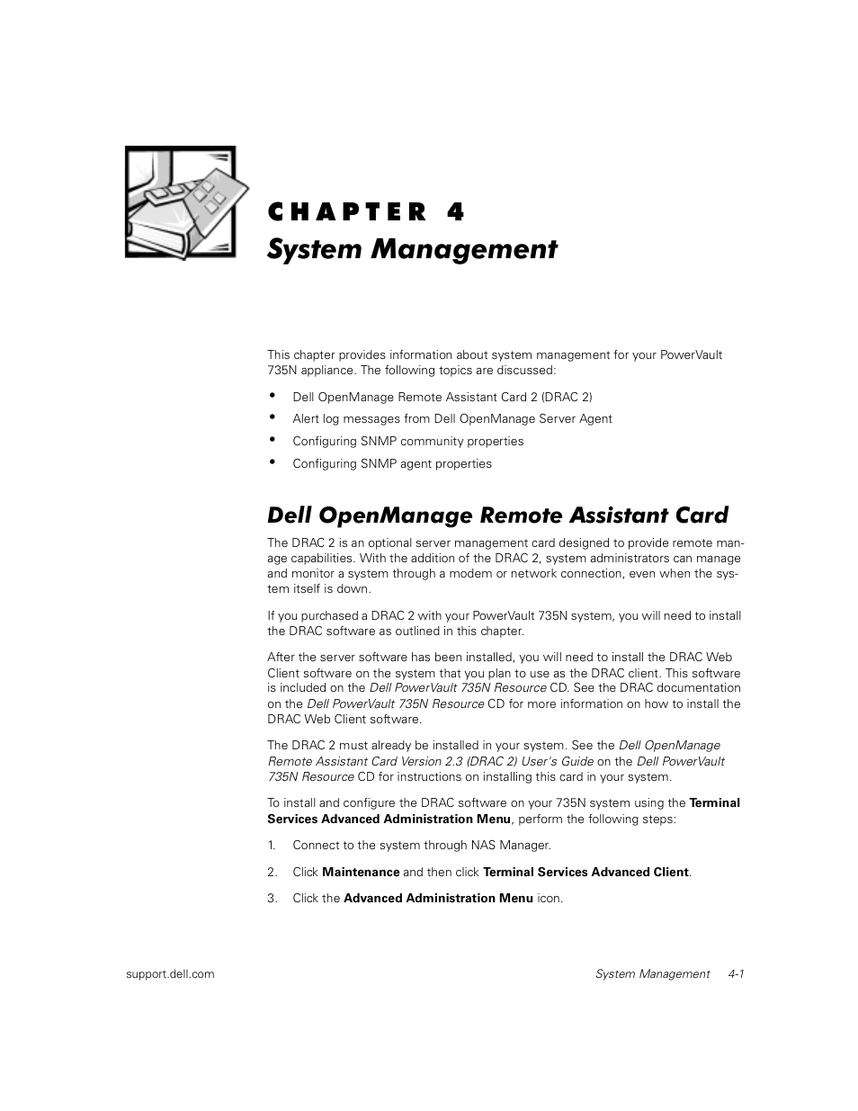 System management, Dell openmanage remote assistant card, Chapter 4 | System management -1, Dell openmanage remote assistant card -1, Configuring snmp community properties -3, Configuring snmp agent properties -4 | Dell PowerVault 735N (Rackmount NAS Appliance) User Manual | Page 41 / 92