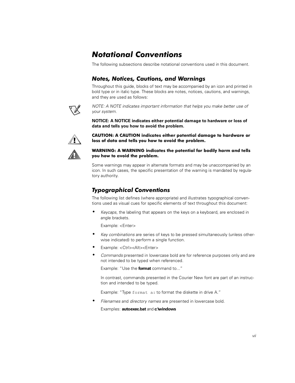 Notational conventions, Notes, notices, cautions, and warnings, Typographical conventions | Dell PowerVault 735N (Rackmount NAS Appliance) User Manual | Page 5 / 92