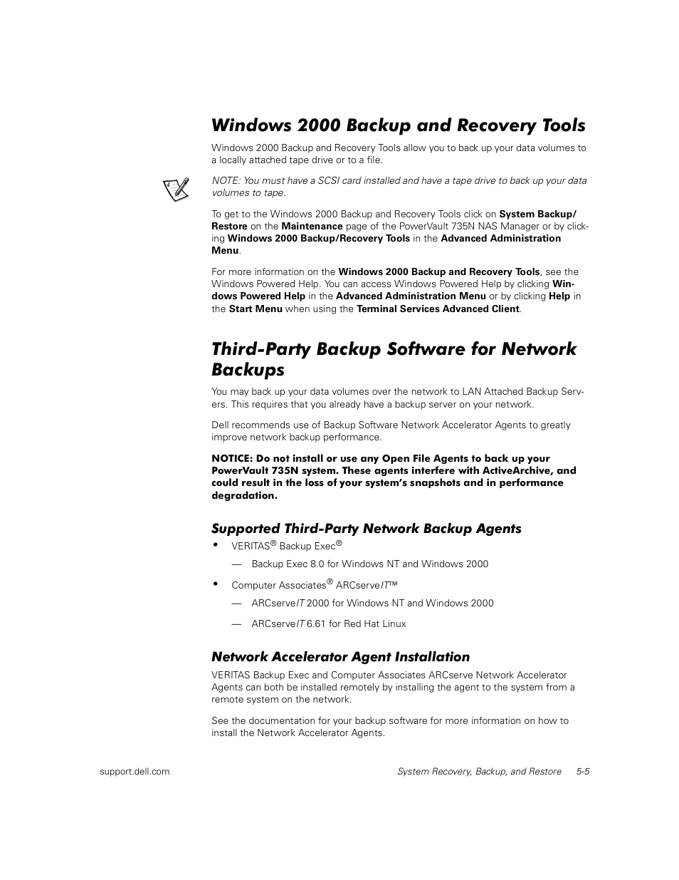 Windows 2000 backup and recovery tools, Third-party backup software for network backups, Supported third-party network backup agents | Network accelerator agent installation | Dell PowerVault 735N (Rackmount NAS Appliance) User Manual | Page 51 / 92