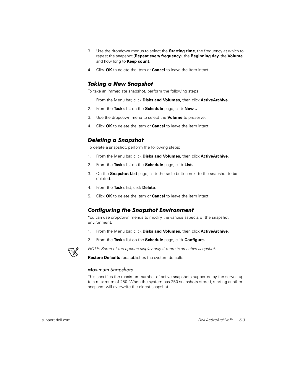 Taking a new snapshot, Deleting a snapshot, Configuring the snapshot environment | Maximum snapshots | Dell PowerVault 735N (Rackmount NAS Appliance) User Manual | Page 57 / 92