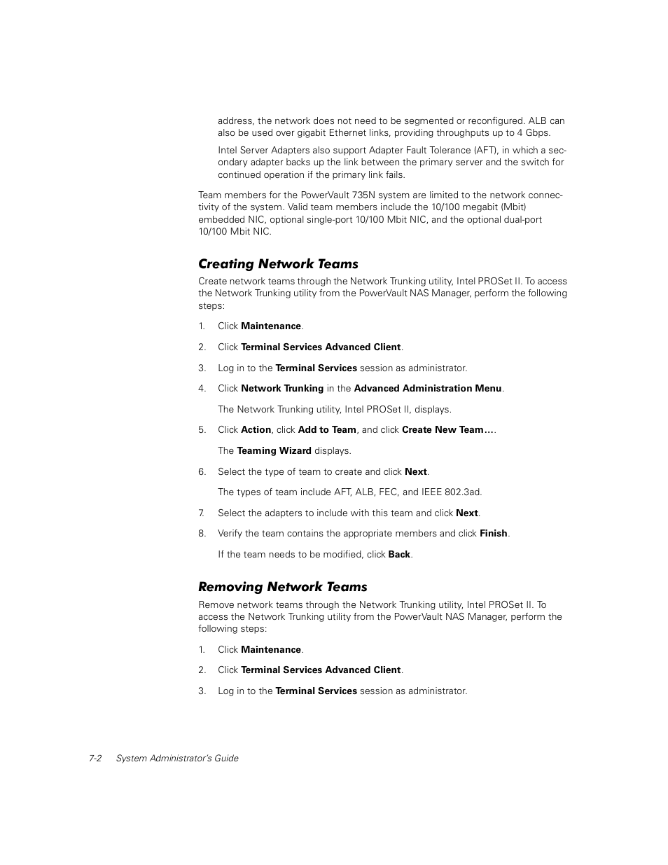 Creating network teams, Removing network teams | Dell PowerVault 735N (Rackmount NAS Appliance) User Manual | Page 62 / 92
