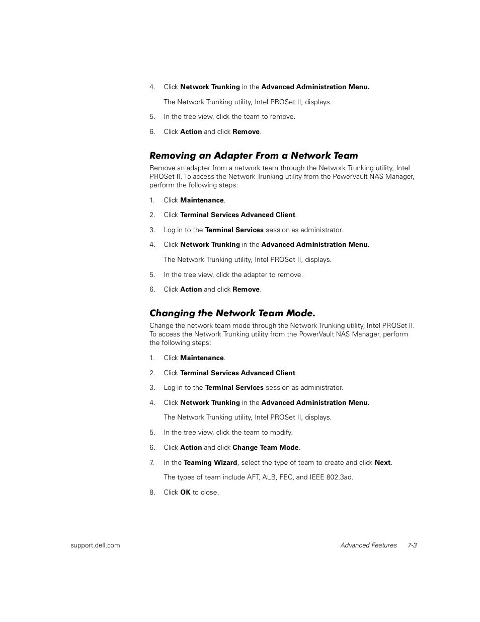 Removing an adapter from a network team, Changing the network team mode | Dell PowerVault 735N (Rackmount NAS Appliance) User Manual | Page 63 / 92