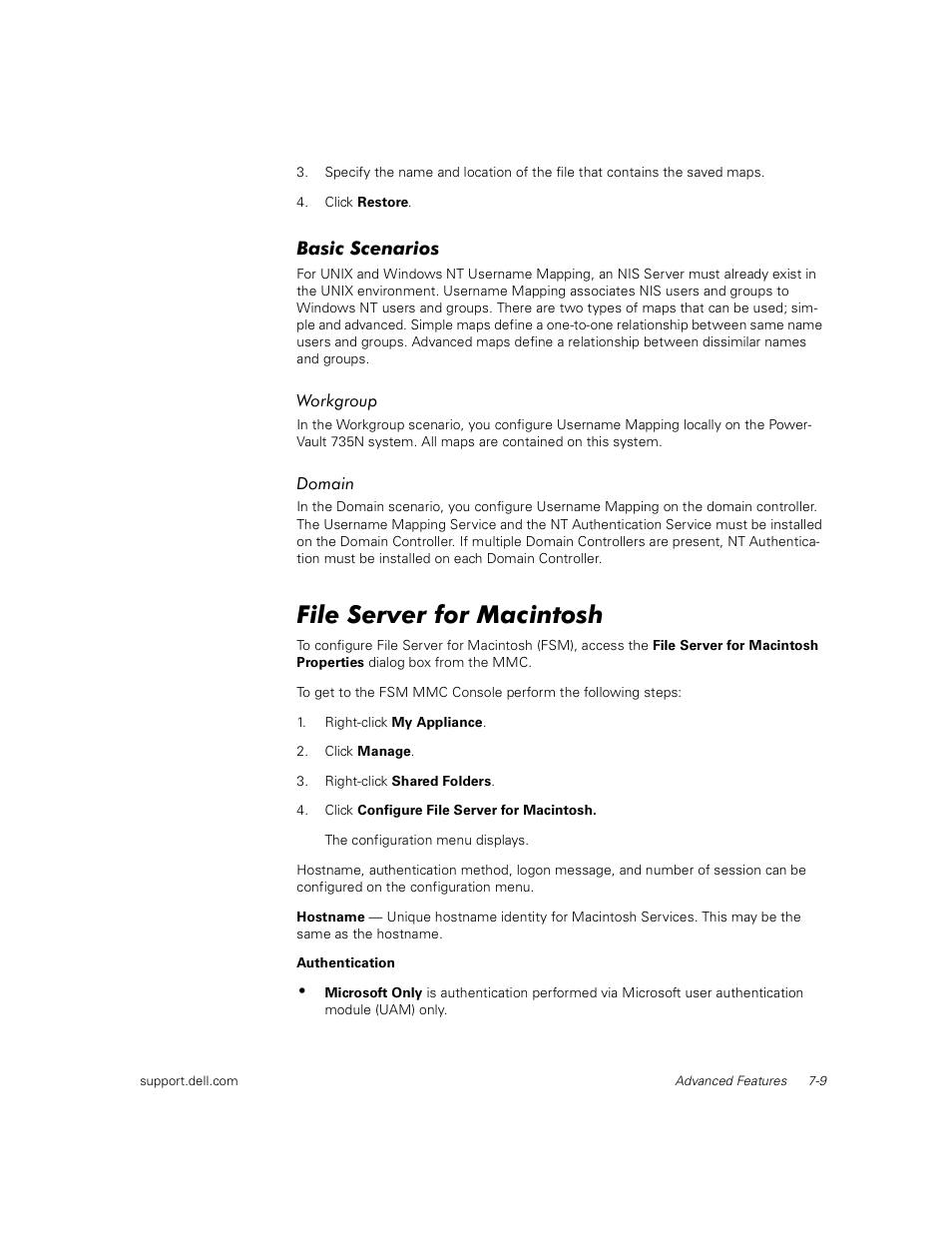 Basic scenarios, Workgroup, Domain | File server for macintosh | Dell PowerVault 735N (Rackmount NAS Appliance) User Manual | Page 69 / 92